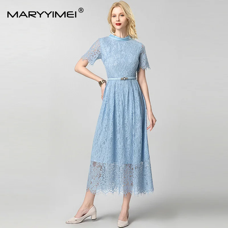 

MARYYIMEI Solid Short-Sleeved Stand collar Slim Dress For Women Lace Hollow Out Elegant Long Dress Club Party Clothes