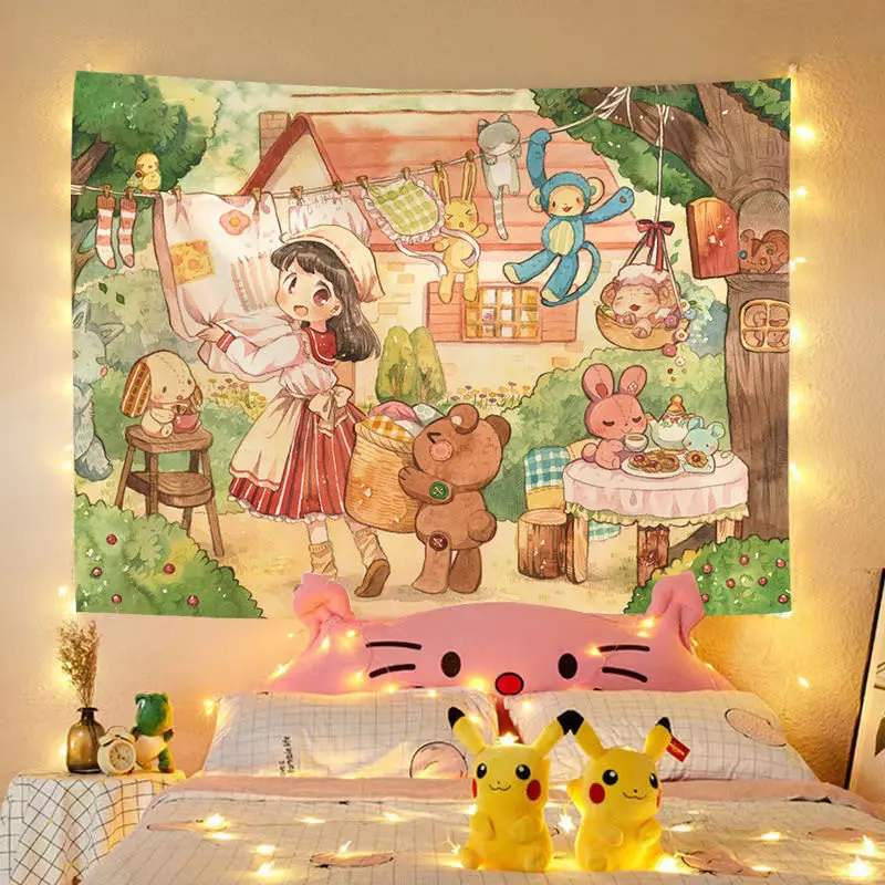 Cute girl and rabbit tapestry for bedroom decoration wall hanging background cloth headboard tapestry for student dormitories