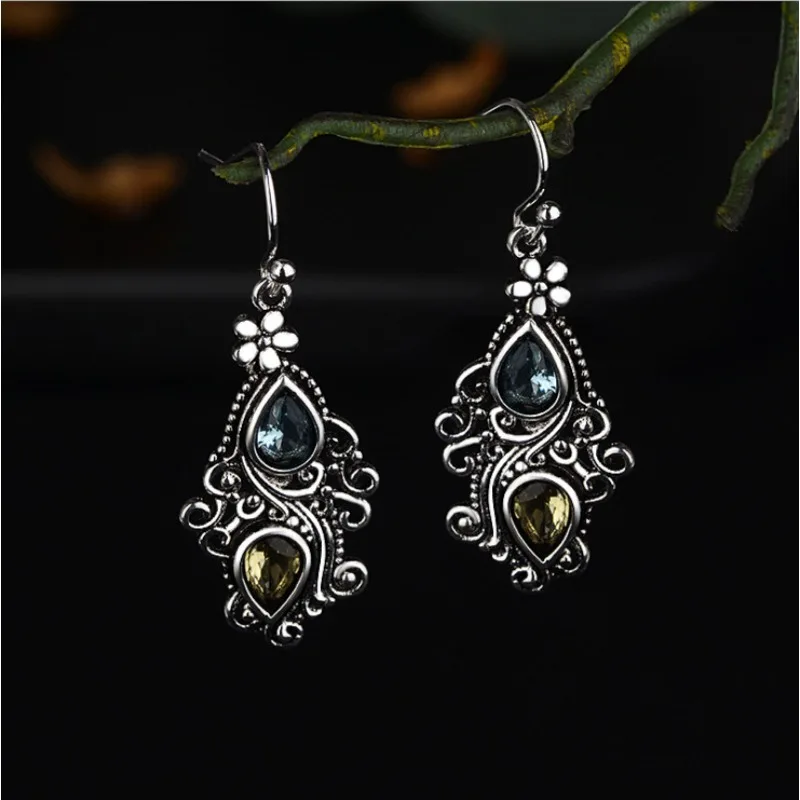 JK Antique Silver Filigree Flower Teardrop Blue Yellow Crystal Hook Dangle Women Earrings, Vintage Ethnic Boho Luxurious Sparkly Bridal Wedding Earrings, Bride Gifts Fit Mother’s Day, Thanksgiving & Elegant Evening Banquet Wedding Holiday Parties