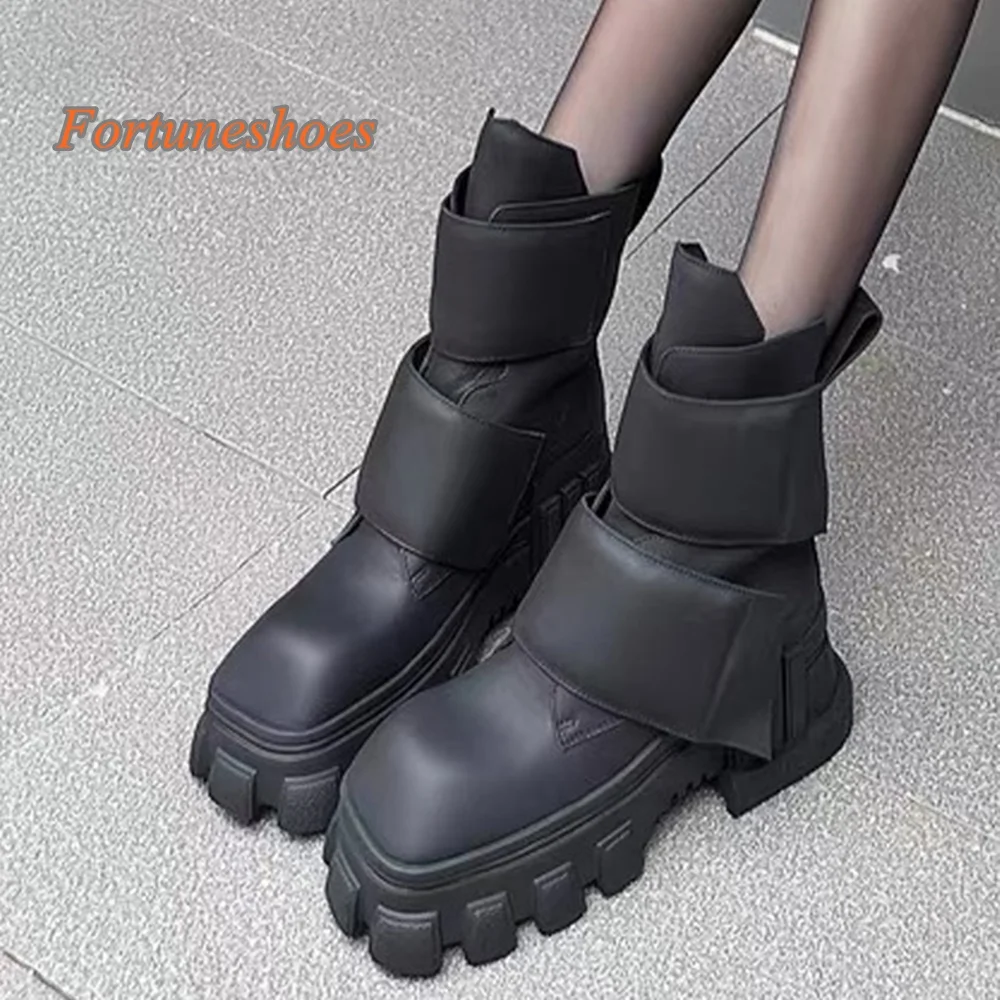 

Black Square Toe Platform Boots Mid Calf Chunky High Heel Solid Hook & Loop Women Boots 2025 Latest Fashion Casual Autumn Boots