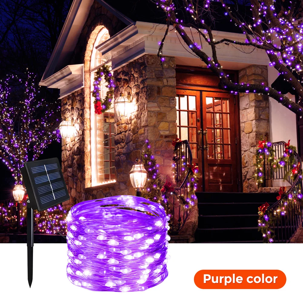 Outdoor LED Solar Fairy String Lights, impermeável Decoração do jardim, guirlanda, 8 modos, fio de cobre, rua, pátio, Natal