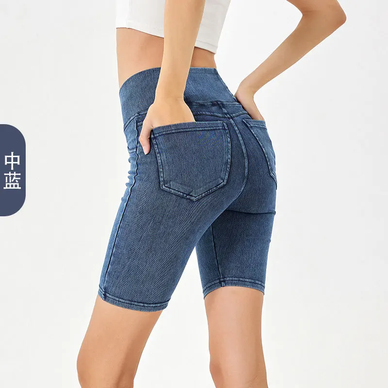 High Waist Stretch Denim Yoga Shorts Women Breathable Tummy Control with Pocket Bike Shorts for Gym Fitness Casual Streetwears