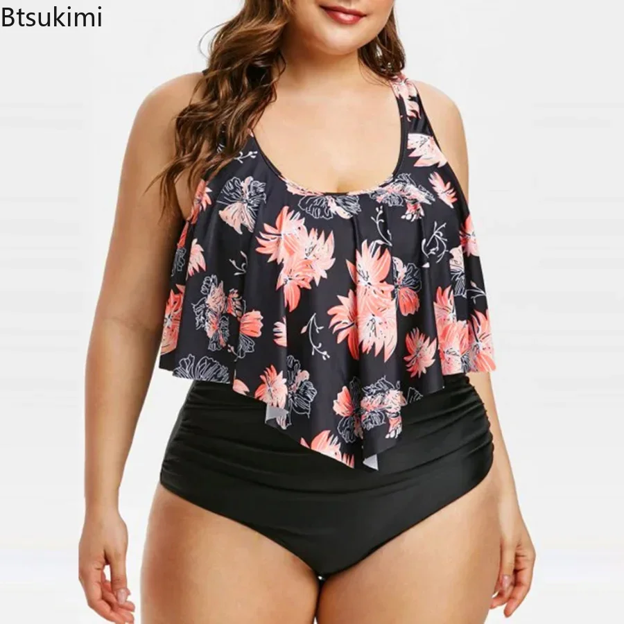 New Summer Swimming Suits for Fat Ladies Slim Two Pieces Swimwear Ruffles Women Printed Beachwear High Waist Bikini Set L-5XL