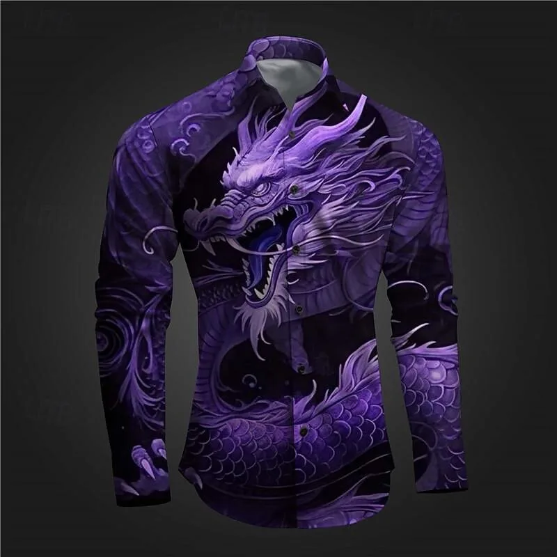 Новая мужская рубашка с драконом на пуговицах с длинным рукавом, модная повседневная рубашка, курортный уличный воротник, рубашка с 3D цветочным принтом
