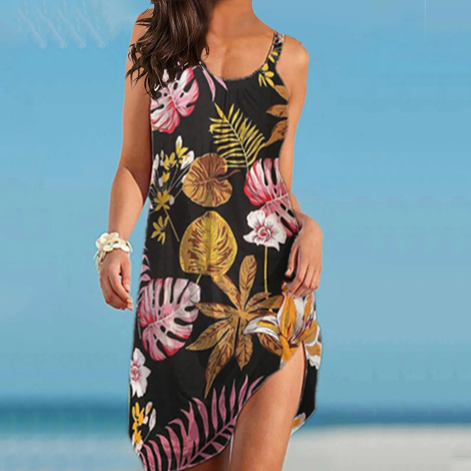 Summer New Sea Animal Print Pattern Sleeveless Dress Summer Beach Seaside Romantic Vacation Style Sleeveless Suspender Dress