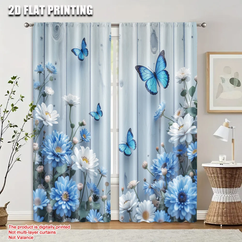2pcs 2D flat printing Drapes Blue Butterflies Flowers Wooden Versatile Fabric Without Electricity Family Party for gold wall