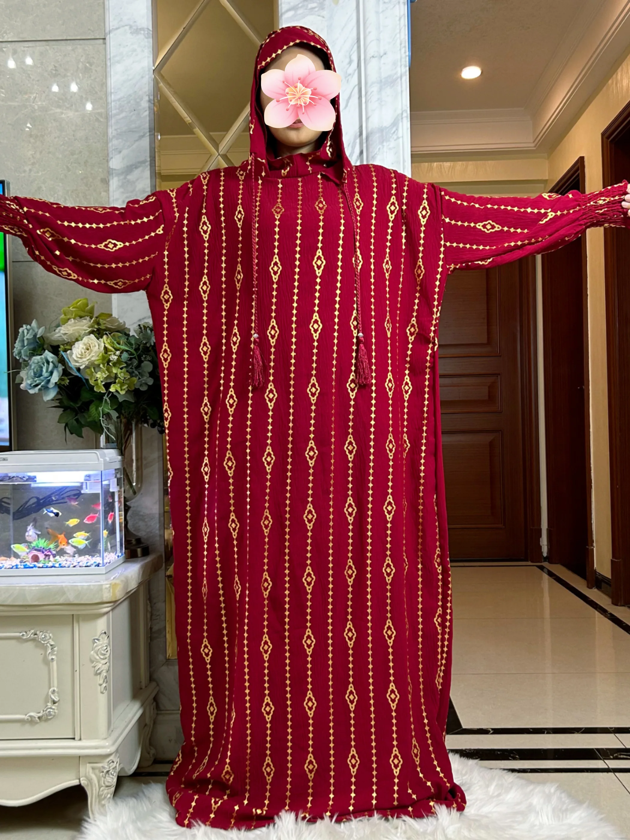 Goldstempel aus reiner Baumwolle, Ramadan, muslimische Damen-Abaya mit zwei Hüten, Dubai-Türkei-Stil, islamische Gebetskleidung, Kaftan-Kleid