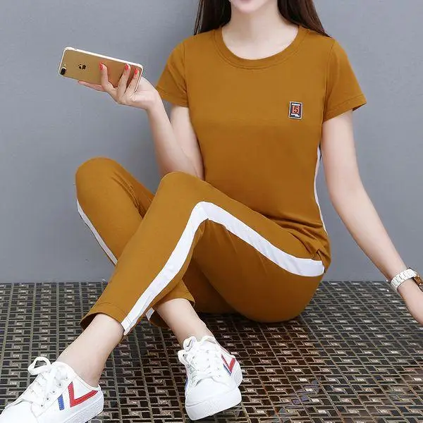 

Summer New Style Women's Casual Sports Set Short Sleeve Running Pants Nine Points Two Piece Set Fashionable plus Size