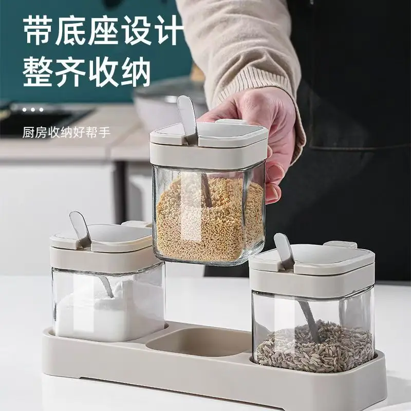 3pcs Seasoning Box Set Glass Spice Container Jar Set Kitchen Sealed Salt Shaker with Lid with Spoon with Tray Seasoning Bottle