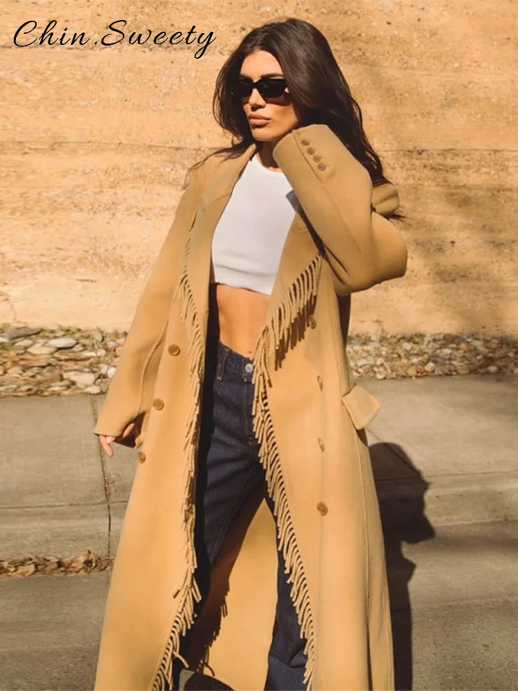 

Элегантные двубортные длинные плащи с кисточками, свободные пальто с лацканами и длинными рукавами, искусственные карманы, пальто 2026, весенняя женская шикарная верхняя одежда