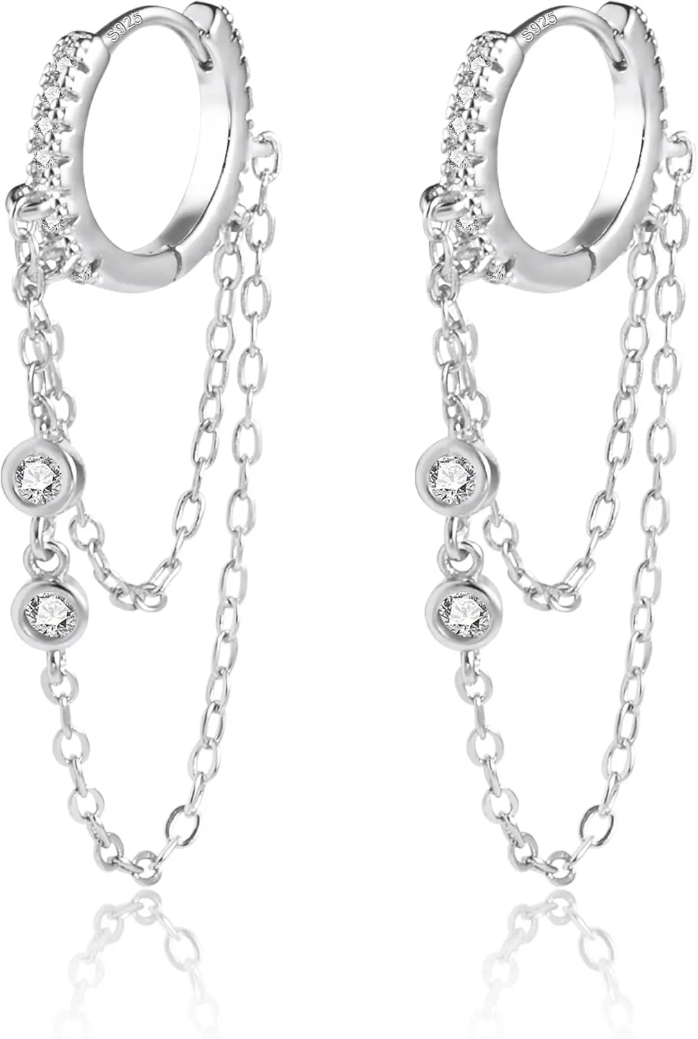 14k Gold Plated Drop Earrings for Women, Teardrop Zirconia Chain Dangle Hoop Huggies Long Threading Style