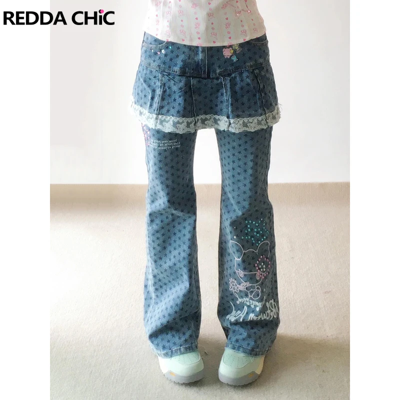 

ReddaChic Поддельные двухсекционные джинсы со звездами Y2k Kawaii Юбка с кружевной отделкой и складками Брюки Bootcut Блестящие женские брюки для концертного фестиваля