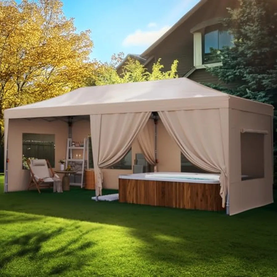 

Pop Up Canopy Tent for outdoor events and weddings, heavy duty steel frame with waterproof polyester fabric, beige color, easy