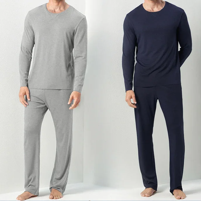 Personalization Men's Pajamas 2 Piece Home Long Sleeve Set O-Neck Lounge Wear Loose Knitted Modal Men's Sleepwear