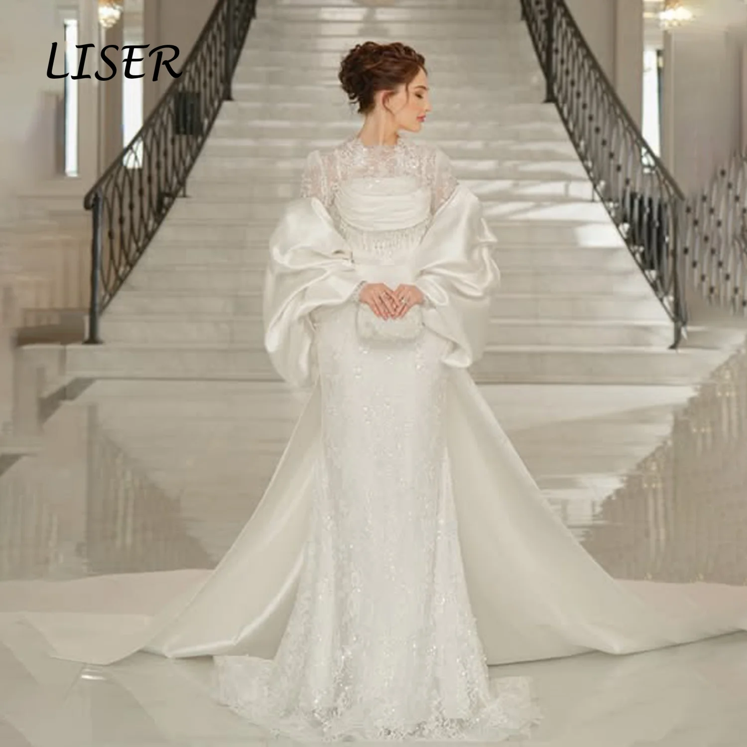 Liser Customized Ivory High Neck Lace Mermaid Wedding Dress Detachable Puff Satin Cape Long Train Luxury Church Bridal Gown