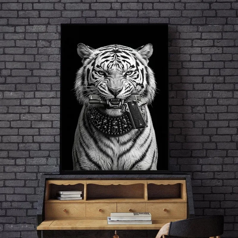Modern Minimalist Wild Animal Canvas Painting Poster Black Wolf Lion Panther Gun Wall Art Living Room Home Decor Picture Gift