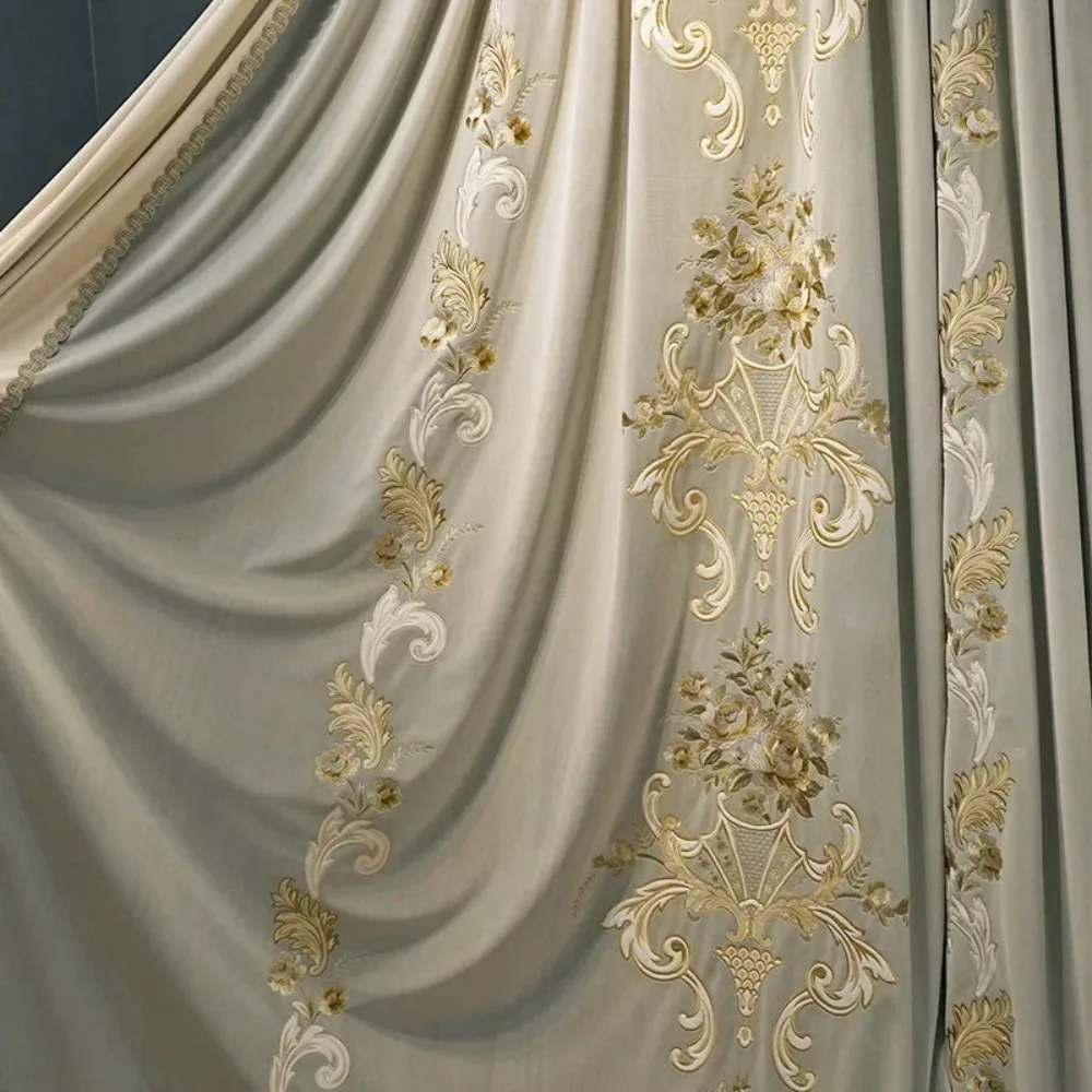 High Quality Blue Grey Embroidery Villa French Window Valance Curtains for Living Room Bedroom Velvet Splicing Thick Blackout