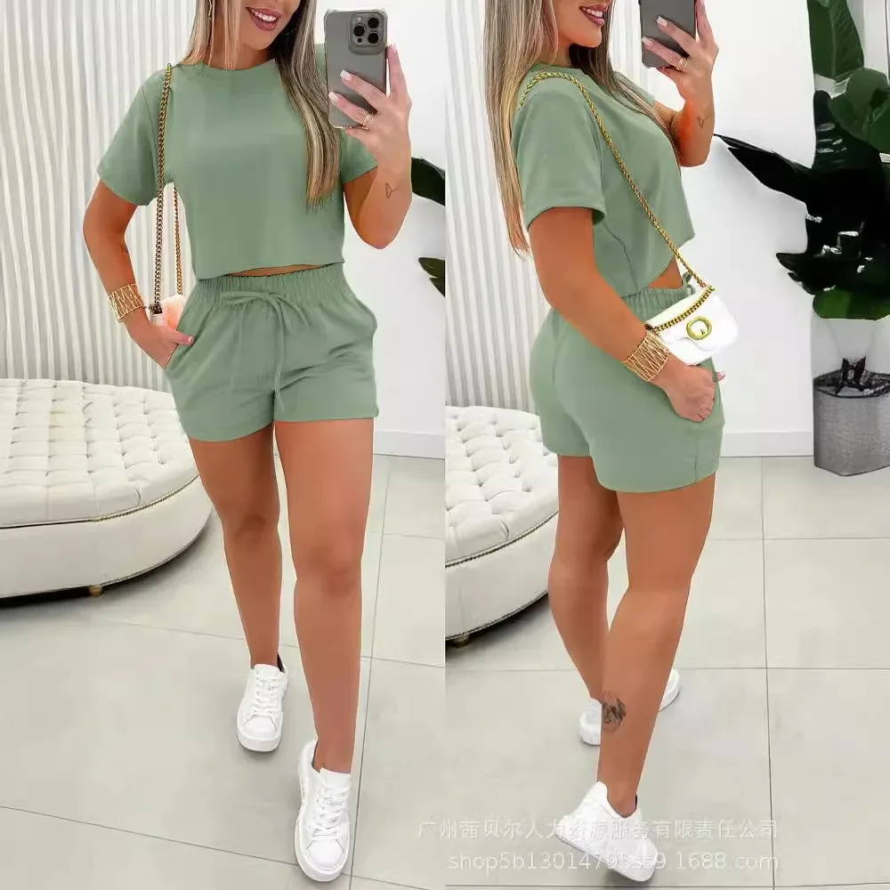 O-neck Top & Pocket Design Drawstring Shorts Set Women Summer Solid Color Short Sleeve T Shirt Shorts Pants Suit