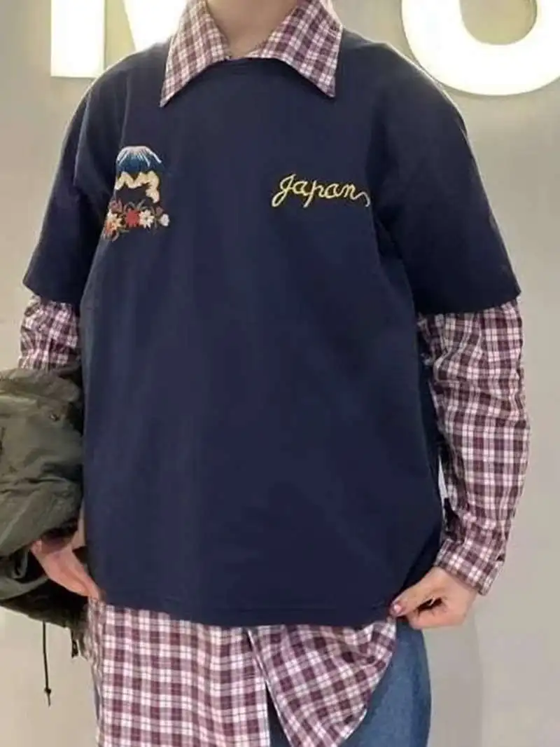 25SS اليابانية الرجعية الربيع/الصيف جديد زهر الكرز رسالة جولة الرقبة عارضة قصيرة الأكمام تي شيرت للرجال والنساء