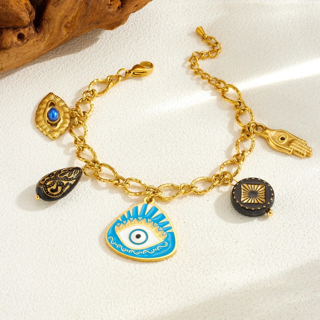 18K Gold Plated Blue Enamel Evil Eye Hamsa Hand Steel Textured Link Bracelet Boho Lucky Protection Multi Charm Wrist Jewelry