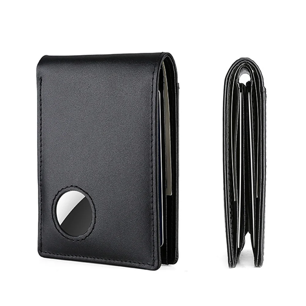 

Airtag Business Genuine Cow Leather Men Bifold Thin Wallet RFID Blocking Credit Bank Card Holder with ID Window Male Purse Black