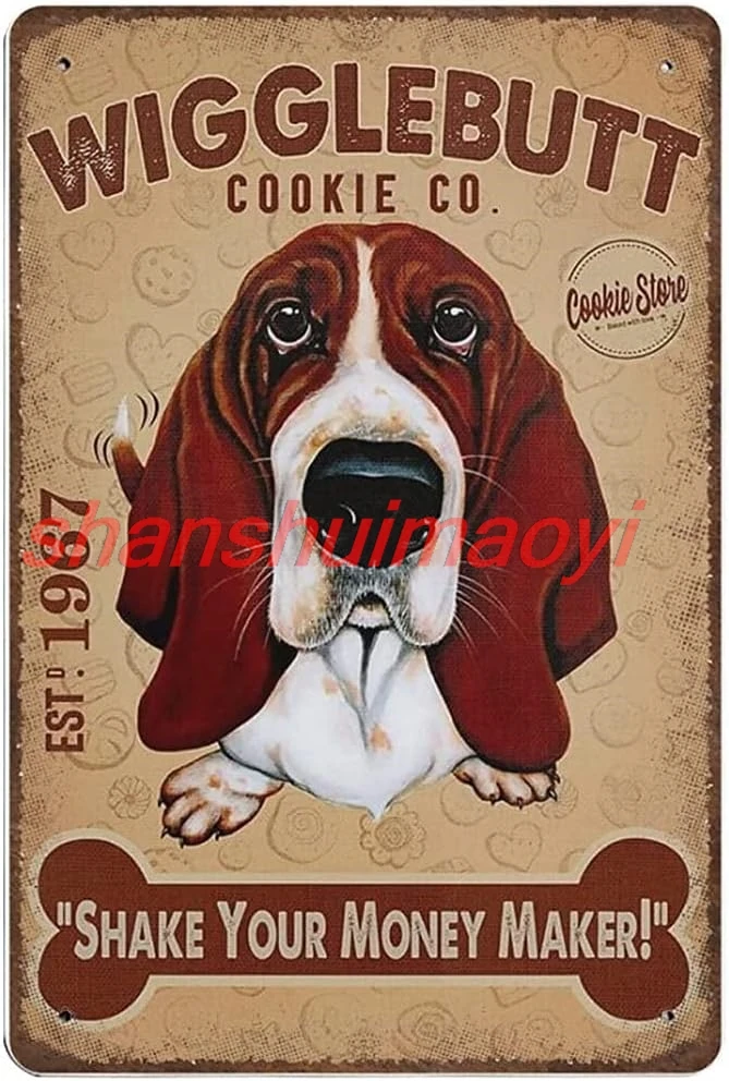 Xiddxu Metal Tin Retro Sign Basset Hound Wiggle Butt Cookie Tin Sign,Vintage Wall Decor，Novelty Signs for Home Kitchen Cafe Bar