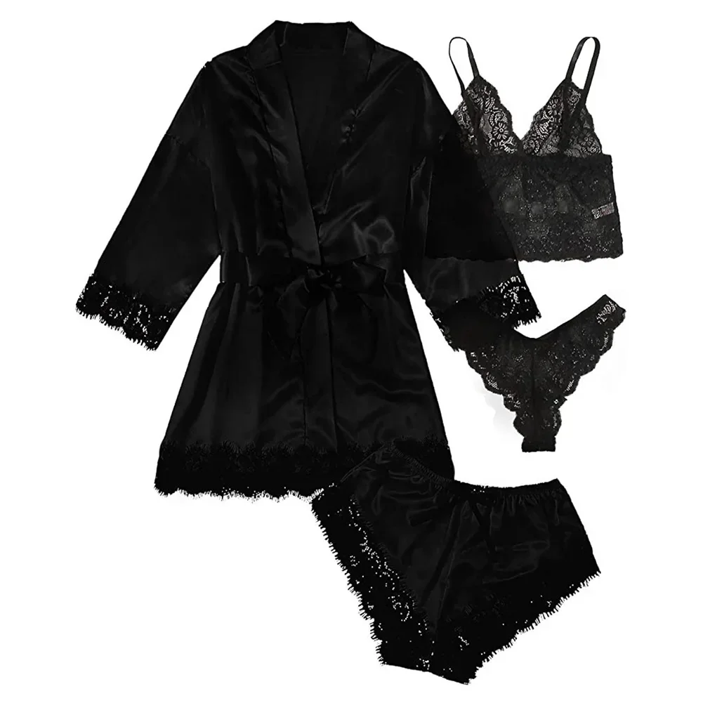 4 Pieces Woman Sleepwear Pajamas Ser With Robe Sexy Lace Lingerie Bathrobe Silk Satin Home Clothed Nightwear Robe