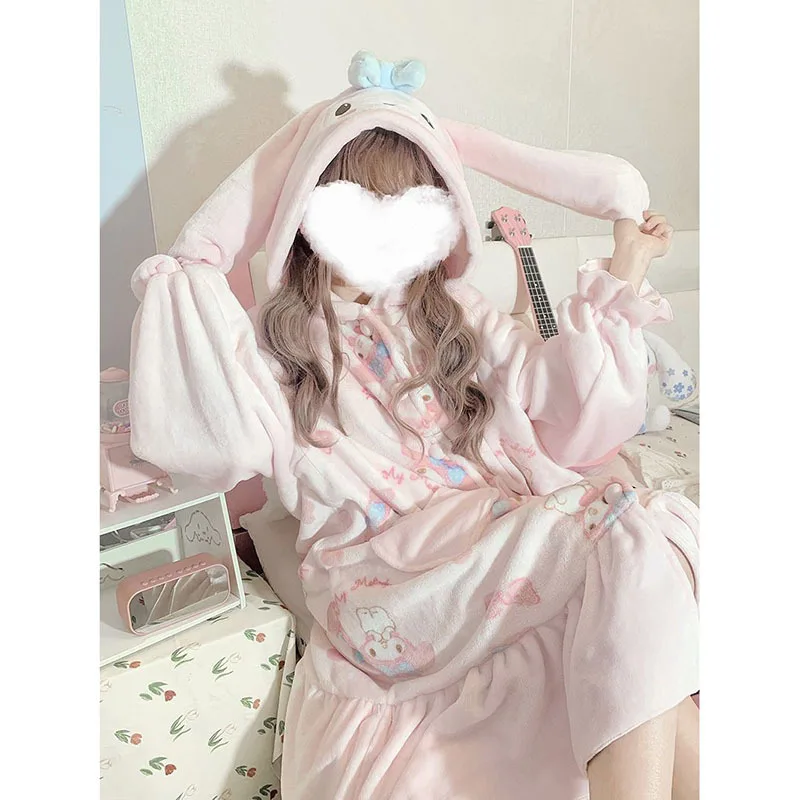 2023 Kawai My Melody Anime Sanrio Two-piece Dressing Gown Set Autumn And Winter Coral Velvet Thickened Couple Loungewear Pajamas