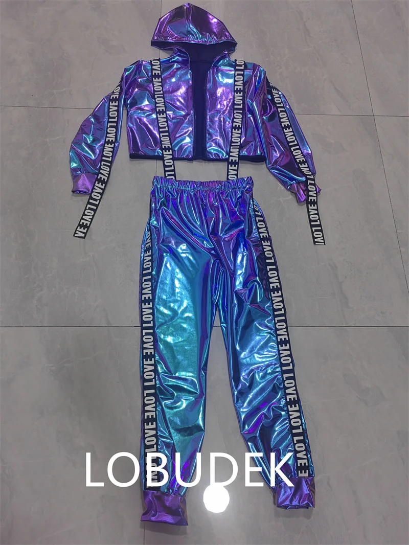 Equipo masculino Jazz traje de baile de Hip Hop estilo Punk carta vendaje láser chaqueta con capucha pantalones conjunto de 2 piezas club nocturno fiesta Rave traje