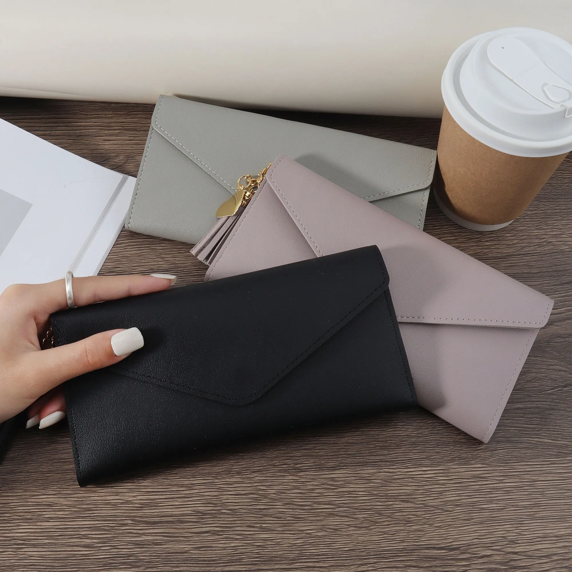 Women's long wallet, coin wallet, three fold multi card slot tassel decoration multifunctional wallet, elegant PU leather foldin
