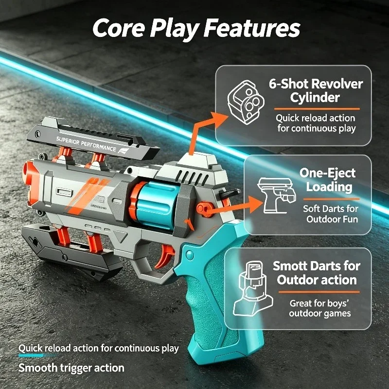 Kids Mechanical 6-Shot Soft Dart Toy Revolver, Ejecting Play, Outdoor Game Model for Boys, Fun Gift, Easy to Use