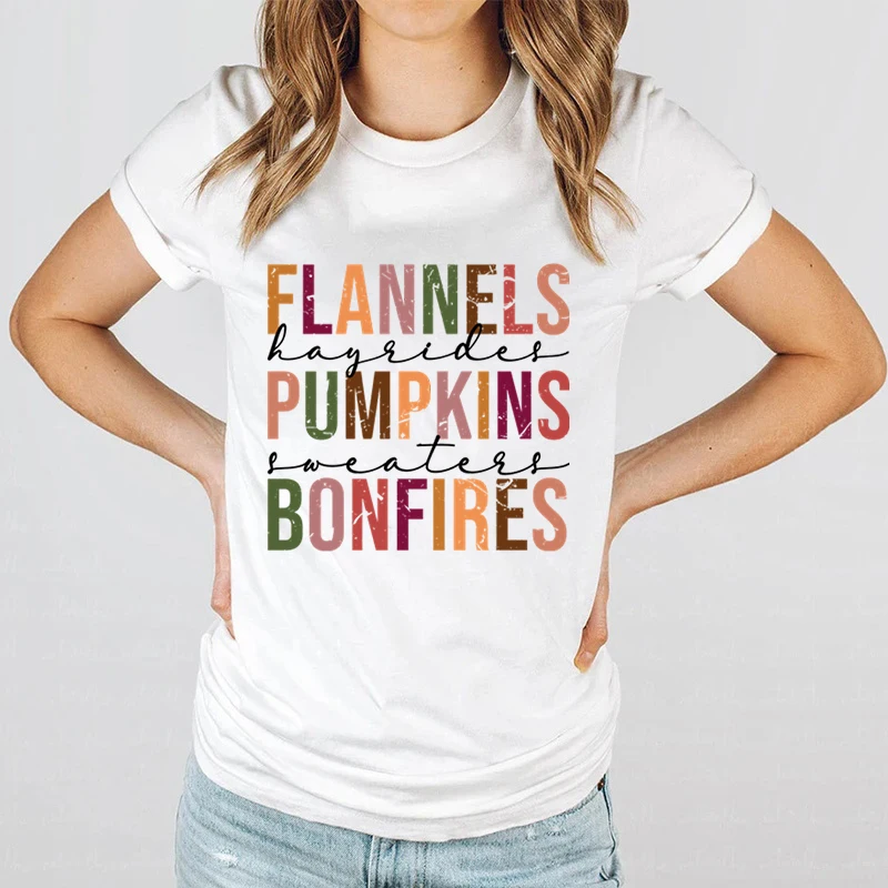 Flannels Hayrides Pumpkins Sweatest Bonfires Print T-shirts For Women Short Sleeves Halloween T-shirt Fall Tees Ladies Loose Top