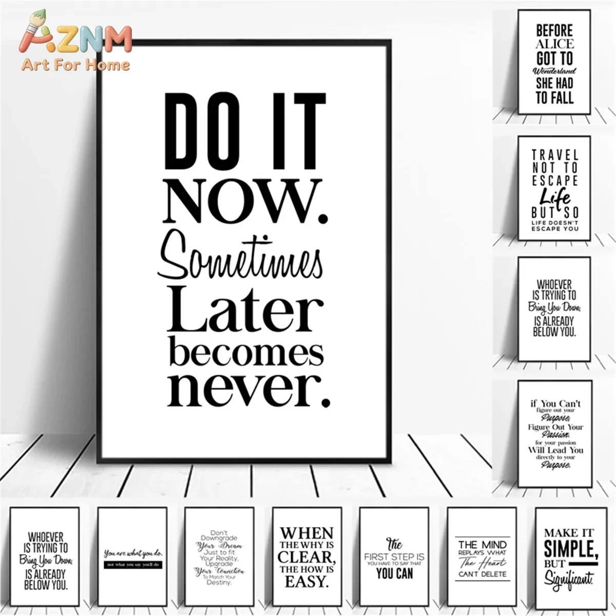 AZNM Inspirational Quotes Canvas Wall Art Print, Black White Motivational Saying DO IT NOW Poster for Office Home Bedroom Decor,