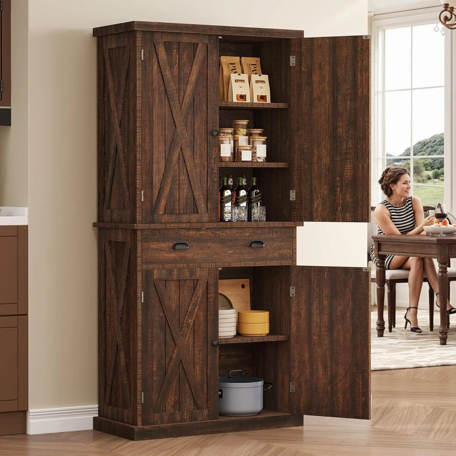 YITAHOME 72'' Tall Kitchen Pantry Cabinets, Farmhouse Storage Cabinets with Barn Doors, Drawer ＆ Adjustable Shelves