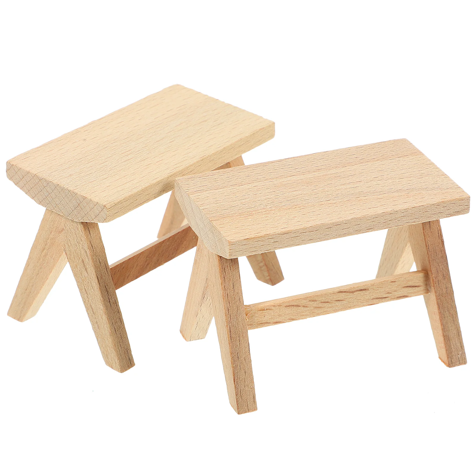 2 Pcs House Mini Bench Model Table and Chair Furniture Ornaments Wooden Stool Miniature