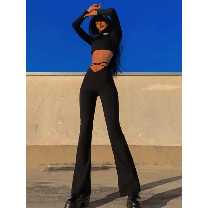 Black Flare Pants Women Streetwear High Waist Pantalones De Mujer Drawstring Roupas Femininas Slim Fit Y2k Clothes Sexy Trousers