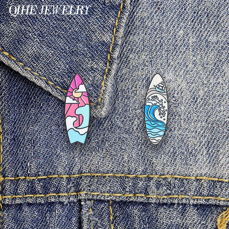 Cartoon Ocean Sunset Surfboard Enamel Pin Romantic Summer Beach Ocean Wave Sunset Sky Surfboard Brooch Bag Lapel Badge Jewelry