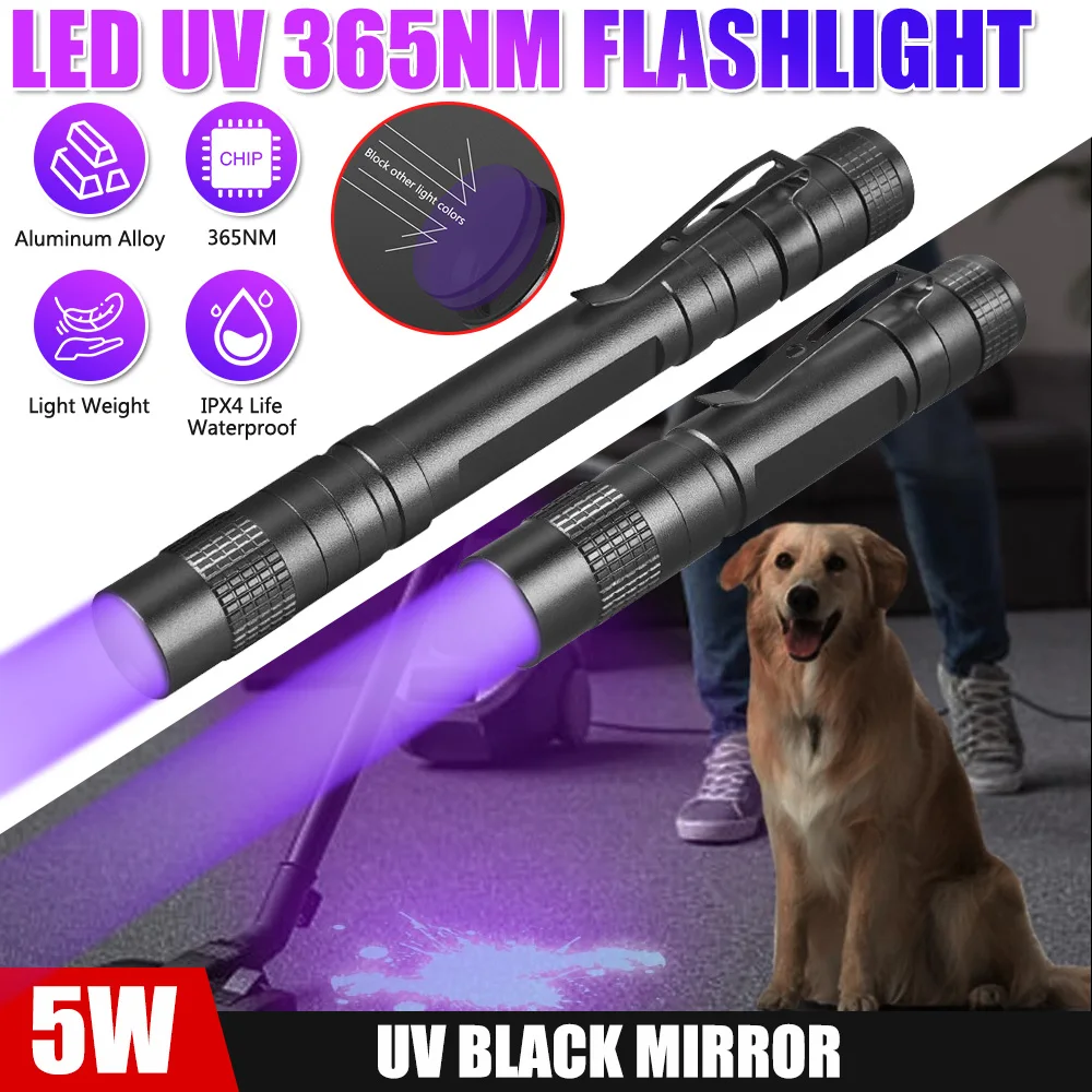 Mini UV Flashlight 395/365nm LED Ultraviolet Torch Ultra Violet Lights With Clip Inspection Lamp Pet Urine Stain Detector Tools