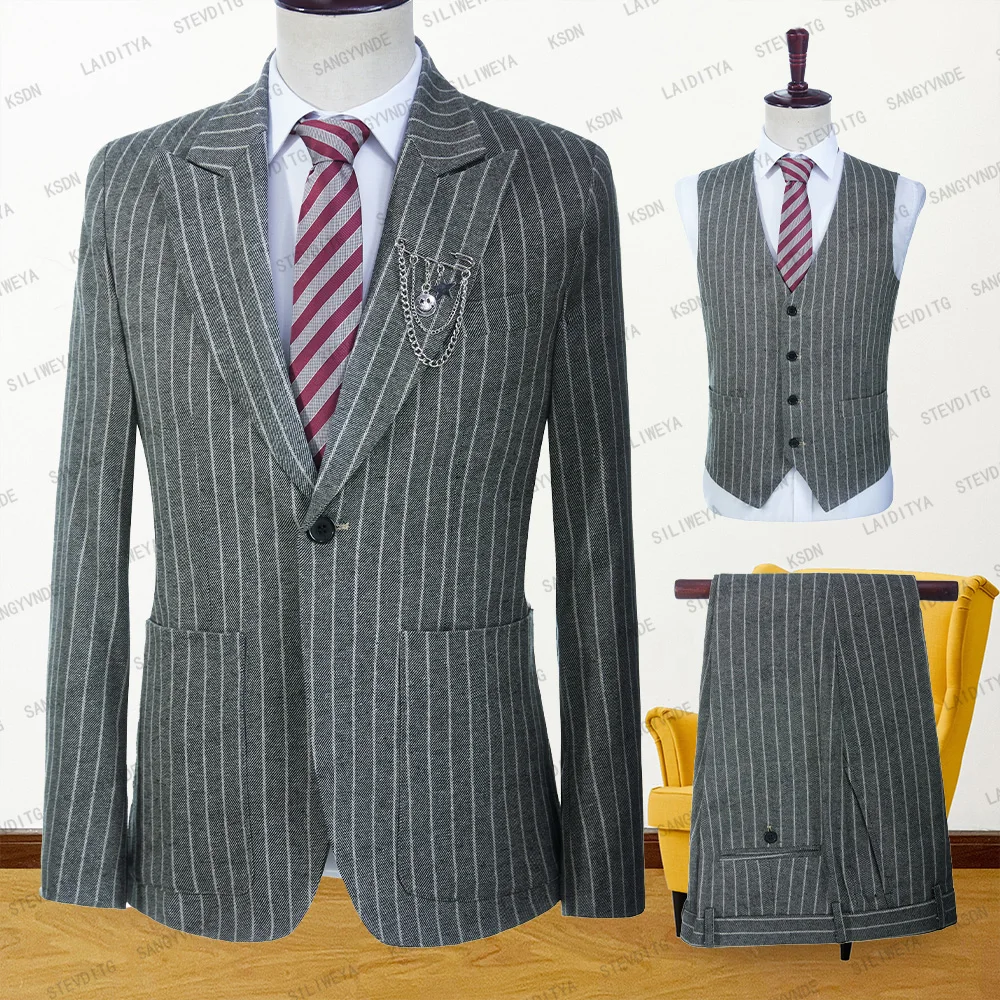 

2023 Men Suits 3 Pieces Linen Slim Fit Stripe Wedding Blazers Set Latest Coat Vest Pants Daily Formal Bussiness