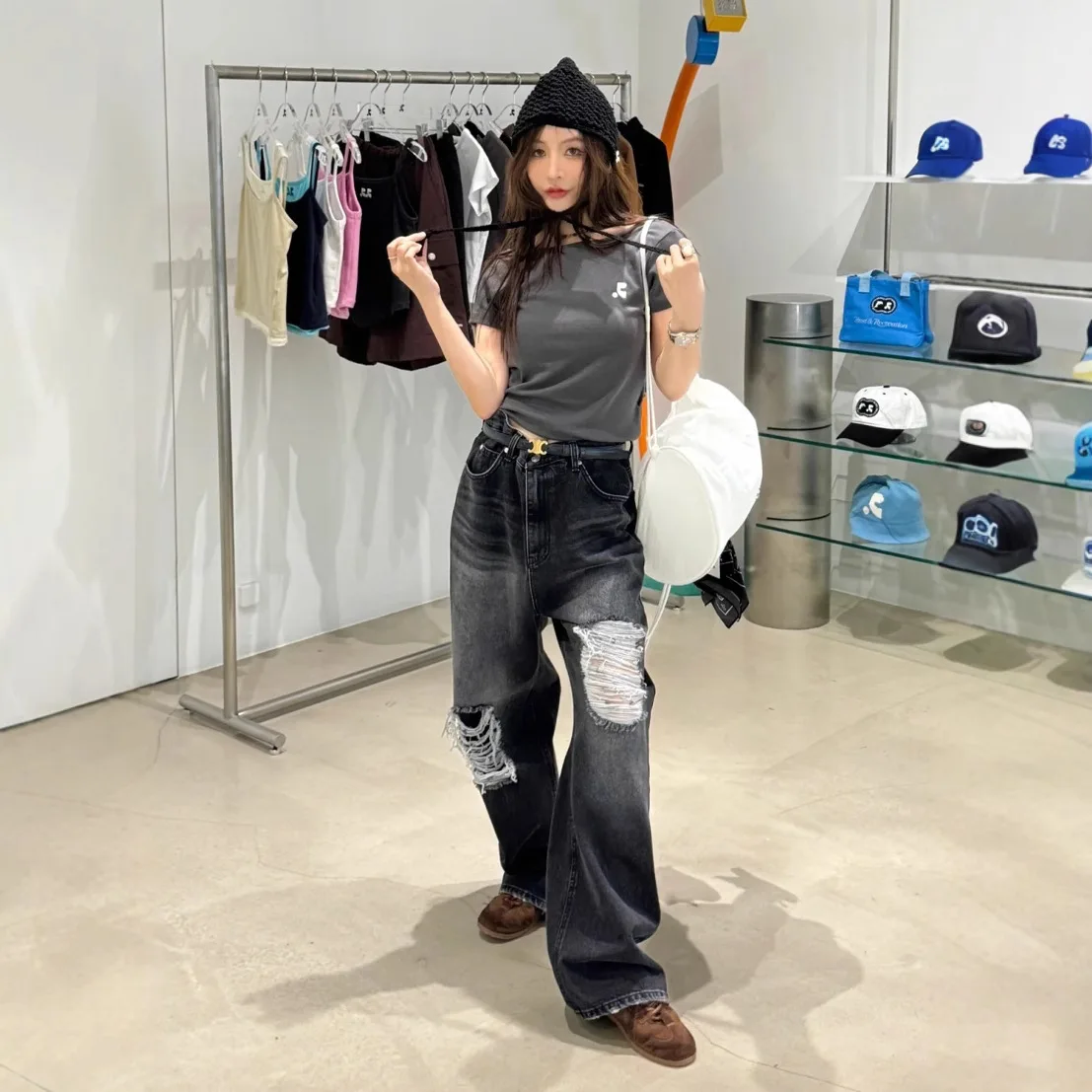 Jeans Donna Pantaloni a gamba larga Denim con foro Vita media Tasche lavate invecchiate Lunghezza pavimento 2025 Pantaloni dritti streetwear