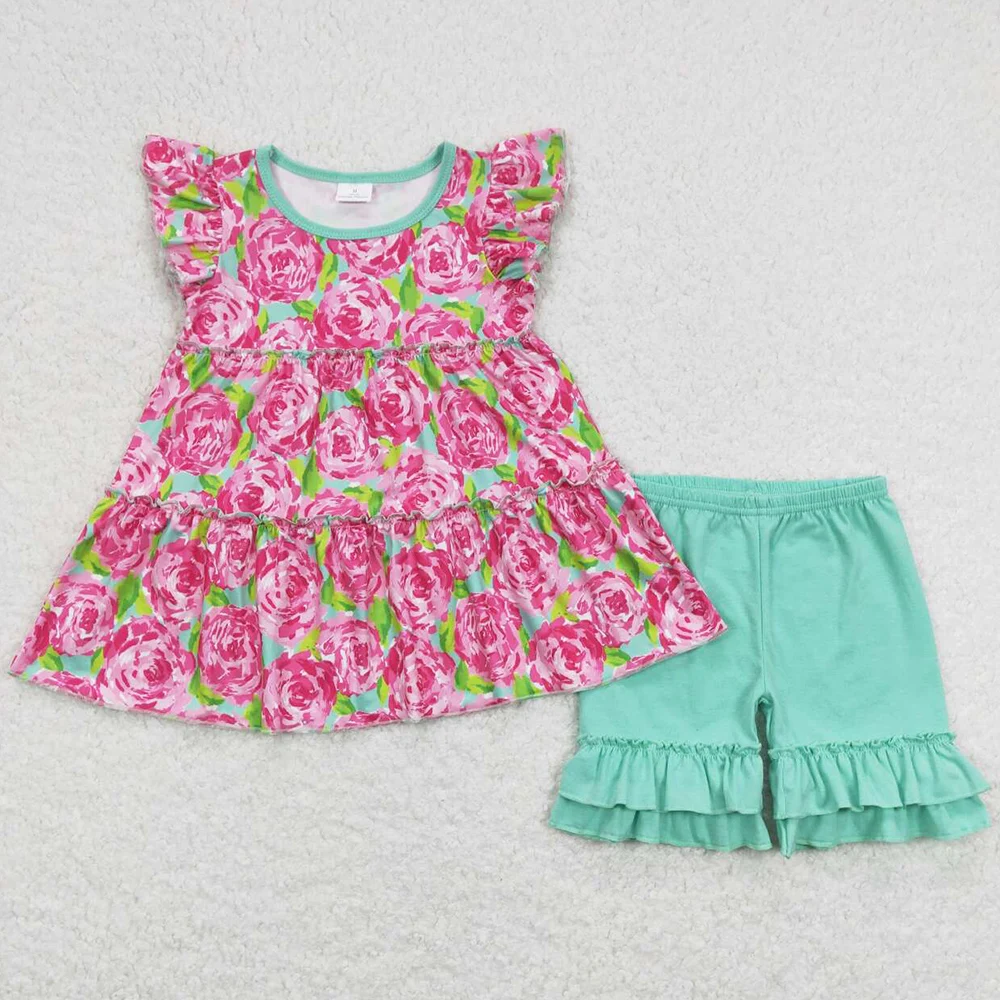 New Fashion Baby Girls Clothes Flower Short Sleeve Tunic Tops Shorts Sets Wholesale Children Kids Clothes Girls Boutique Outfits