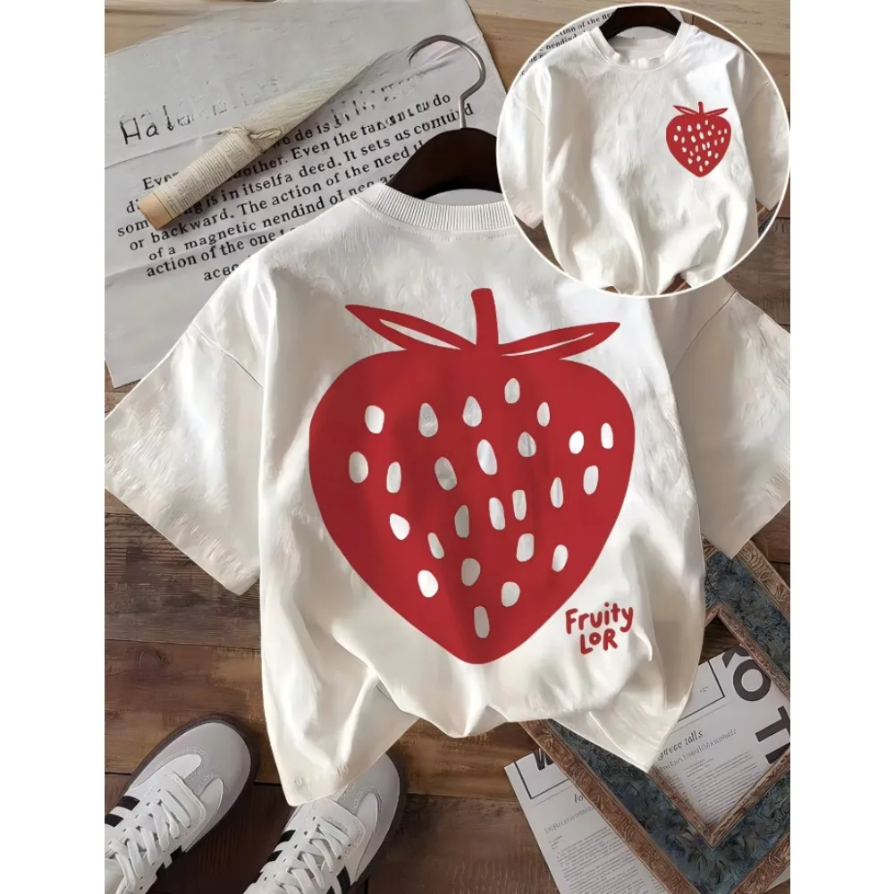 Camiseta con estampado de fresas de estilo vintage, ideal para un look estético y veraniego, para mujer, de corte holgado, casual, perfecta para las vacaciones, de manga corta.