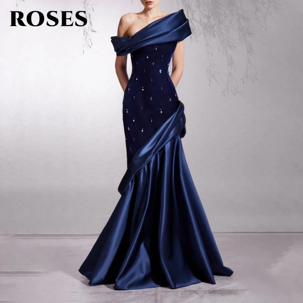 

ROSES Navy Blue Prom Dress Off the Shoulder Trumpet Elegant Celebrity Dress with Sequins Pleats Women Evening Dress Customized