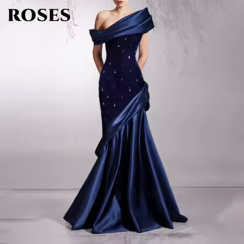 ROSES Navy Blue Prom Dress Off the Shoulder Trumpet Elegant Celebrity Dress with Sequins Pleats Women Evening Dress Customized