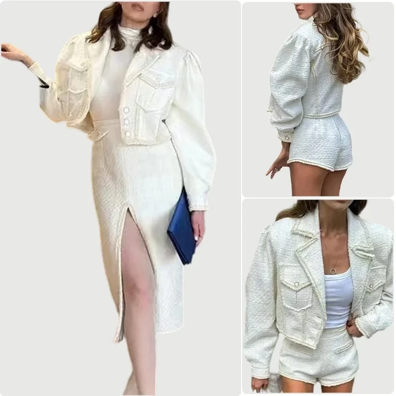 

2026 Spring New Women Small Fragrance Style White Cardigan Fashion Short Loose Long Sleeve Top