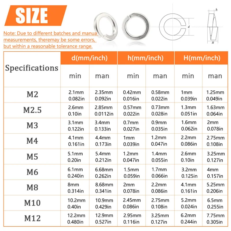 1000 Uds M2 M2.5 M3 M4 M5 M6 M8 M10 M12 304 Kit de arandela de bloqueo de resorte de acero inoxidable, arandelas divididas métricas para tornillos surtido de pernos