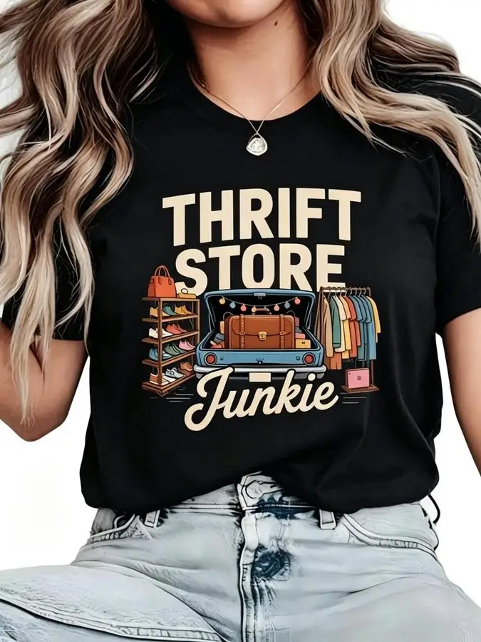 Thrift Store Junkie T Shirt Women Funny Retro Flea Market Graphic Tees Vintage Clothing Rack Printed Short Sleeve White Top Casual Apparel