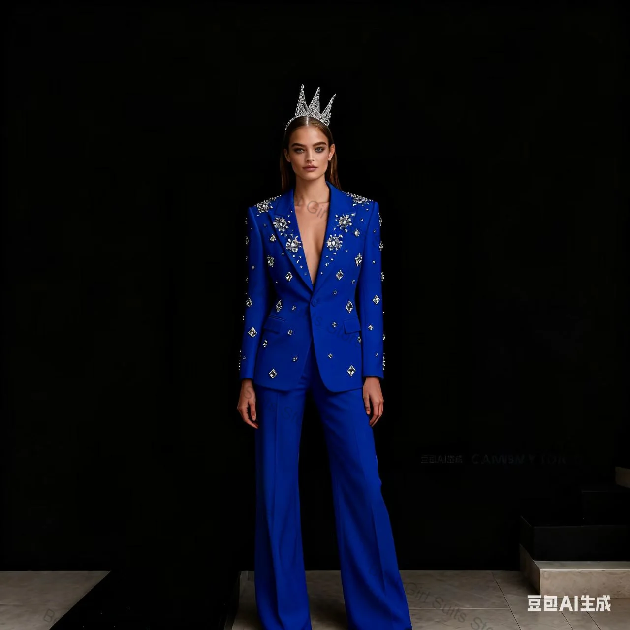 

Blue Crystals Women Suit Set 2 Piece Blazer+Pants Trousers Cotton Formal Office Lady Jacket Customized Prom Wedding Coat