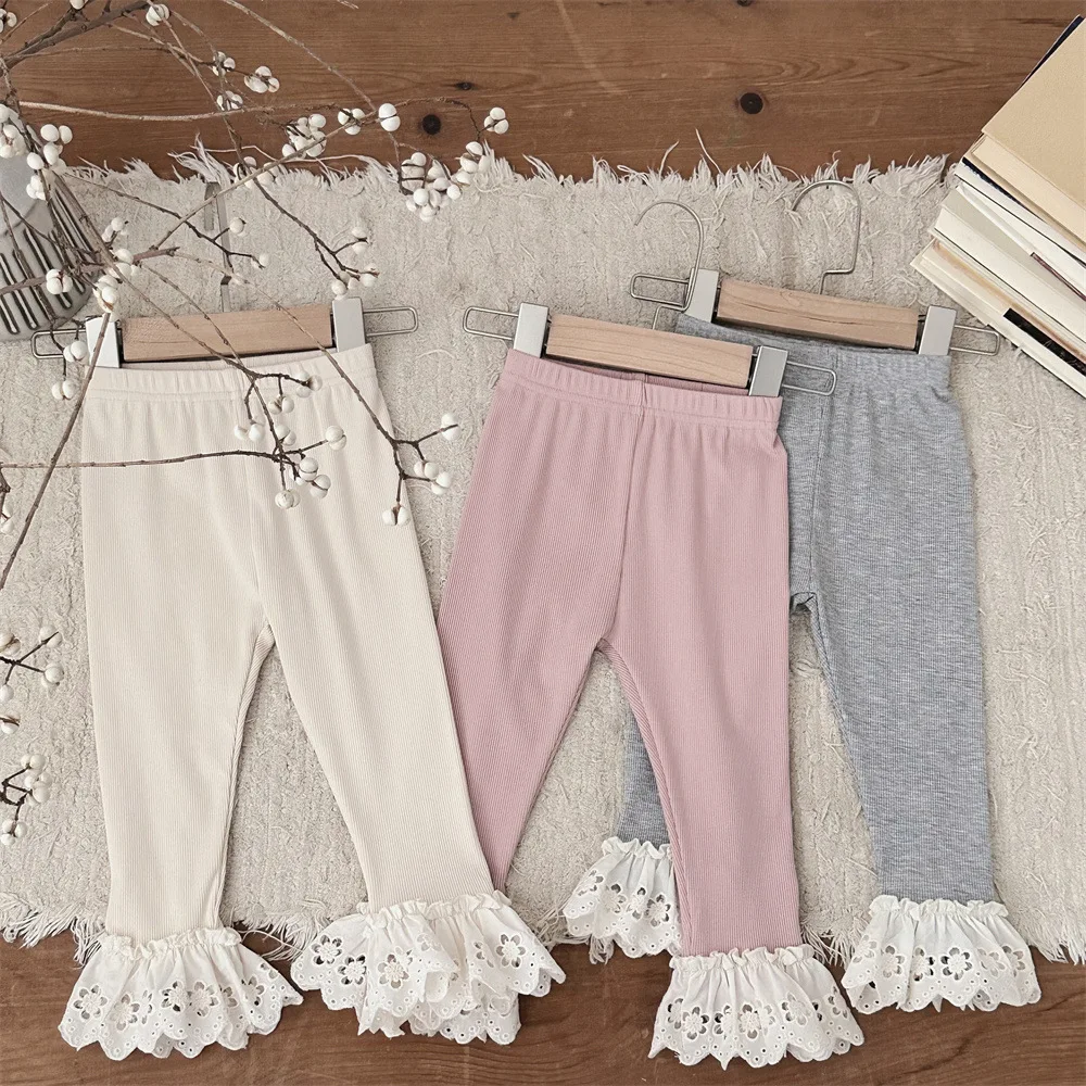 

2024 Autumn New Baby Girl Flared Lace Ribbed Trousers Solid Infant Toddler Sweet Princess Leggings Baby Girls Cotton Leggings