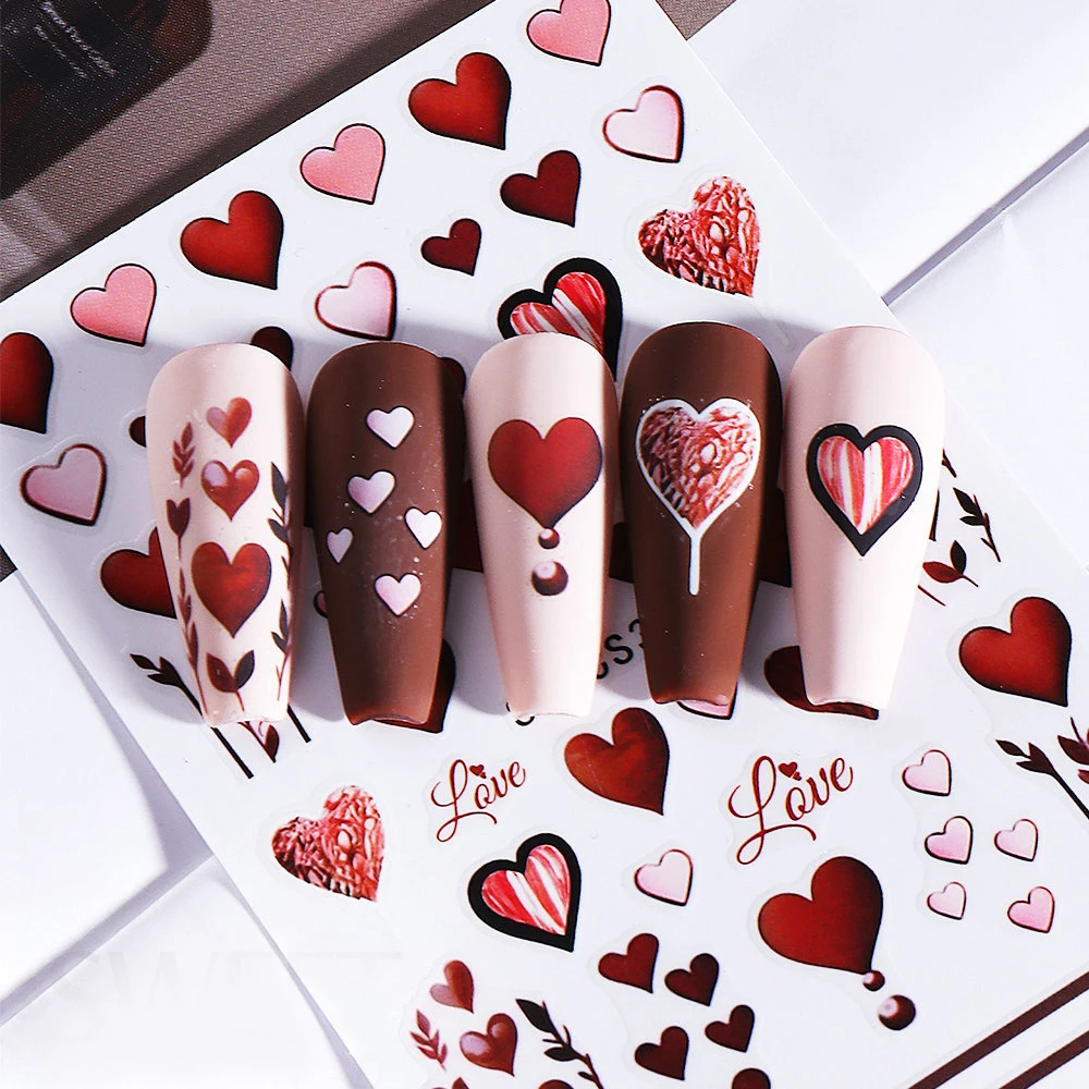 3d coração vermelho dia dos namorados decalques da arte do prego amor rosa romântico auto-adesivo etiqueta do prego diy namorados manicure decoração suprimentos